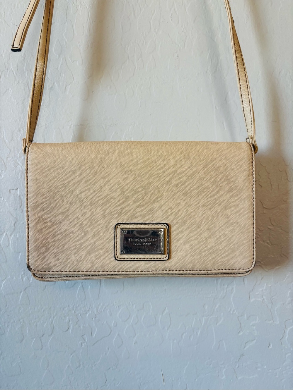 Tignanello saffiano leather Cream Crossbody Bag with Metal Logo Plate - Picture 5 of 9